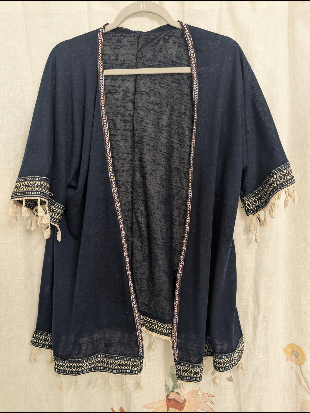 Boho Open Front Kimono Cardigan Navy Tassel Trim One Size